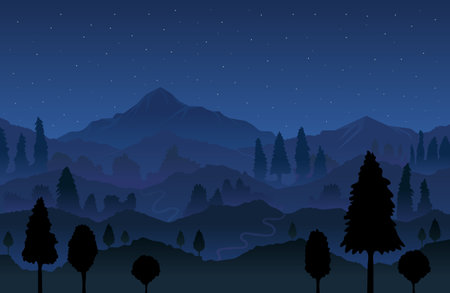 Mountain and Forest at Night Landscape Background Natural Scenery and Environment Viewのイラスト素材