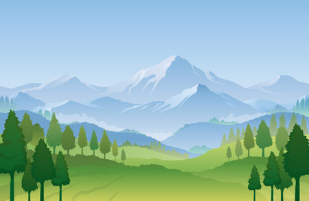 Snow Mountain and Forest in Spring Landscape Background Natural Scenery and Environment Viewのイラスト素材