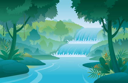 Waterfall and Forest Natural Scenery Landscape Backgroundのイラスト素材