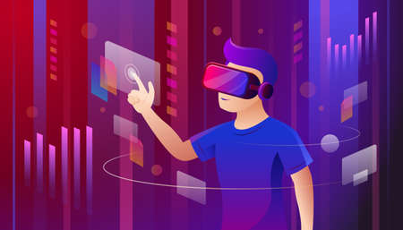 Man with VR Headset Touching Data, Metaverse Technology Conceptのイラスト素材