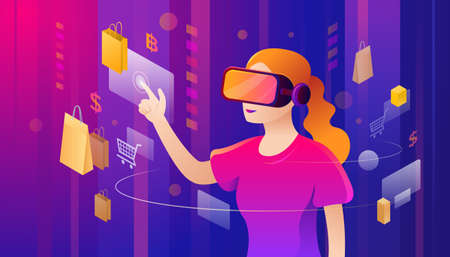 Woman with VR Headset Touching for Shopping, Metaverse Conceptのイラスト素材