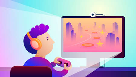 Kid or Gamer Playing Computer Game, Games Addictionのイラスト素材