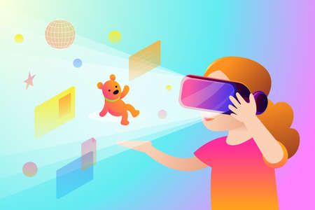 Girl with VR Headset, Metaverse Concept, Learning, Education, Edutainmentのイラスト素材