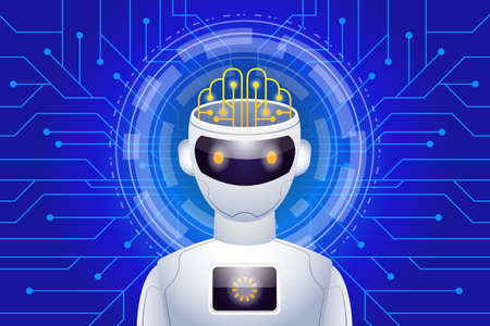 Robot with Brain, Artificial Intelligence and Machine Learningのイラスト素材