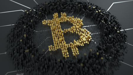 Bitcoin. Calculation of hash or mining. Currency sign builded from digits on the chip.の写真素材