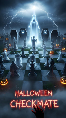Halloween night with black and white chess pieces on a dark backgroundの素材
