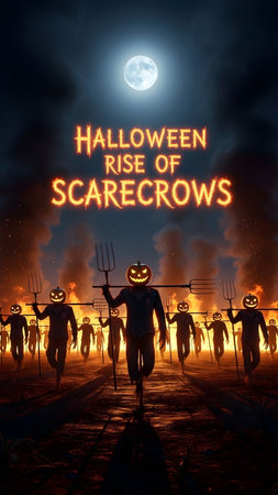 Halloween night in spooky village with scary zombies. Halloween concept.の素材