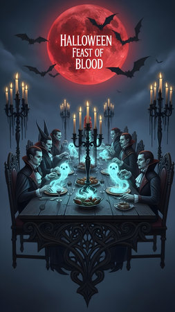 Halloween dinner with ghosts and candles. Halloween concept. Vector illustration.の素材