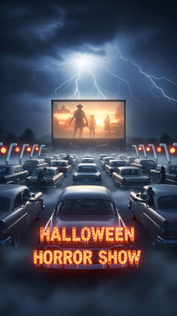Halloween horror movie poster. Scary scene with scary movie scene on the road.の素材