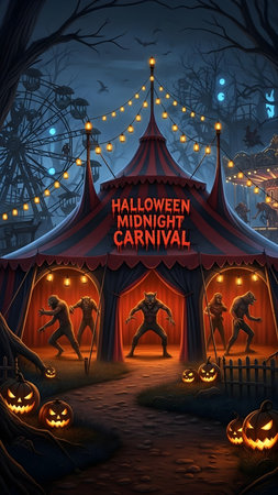 Halloween background with pumpkins and witch in a tent. Vector illustration.の素材