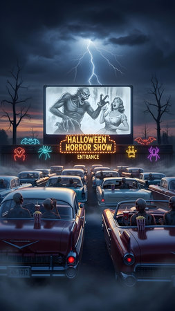 Halloween movie poster with scary clowns in a car at nightの素材