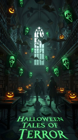 Halloween scene with pumpkins and ghosts in haunted house 3D renderingの素材