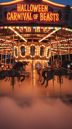 Merry-go-round at the amusement park in the eveningの素材