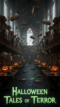 Halloween trick or treat in old school church interior 3D renderingの素材