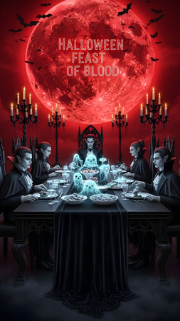 Halloween table with full moon and bats. 3D illustration.の素材