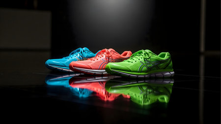 three colorful running shoes on a reflective black surface ideal for sports and fitness training gearの素材