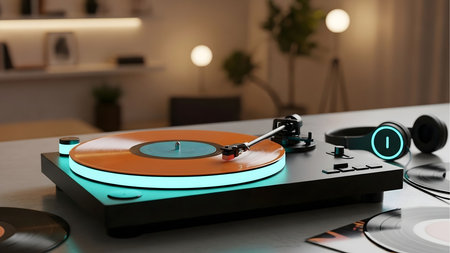 a modern turntable with an orange vinyl record and headphones, perfect for a home music listening experienceの素材