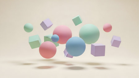 a pastel background with geometric shapes, spheres and cubes, creating a modern abstract design artの素材