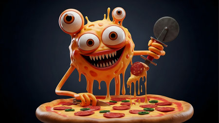 a cartoon monster smiles while preparing a pizza with pepperoni and green peppers on a dark backgroundの素材