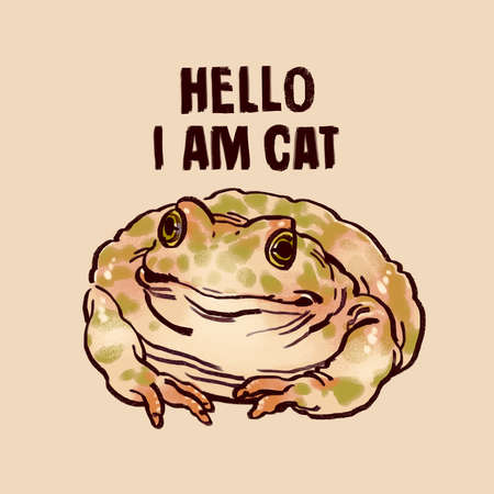 Organic hand drawn cute funny pet budgett's frog thinks it's a cat, Hello I am Cat textの写真素材