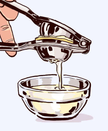 Organic hand drawn close up of person's hand using a steel lemon juicer with a small glass bowl underneath, isolated on white backgroundの写真素材