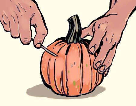 Organic hand drawn pair of person's hands using a carving knife to carve a small orange pumpkin for jack o lantern, on pale yellow backgroundの写真素材