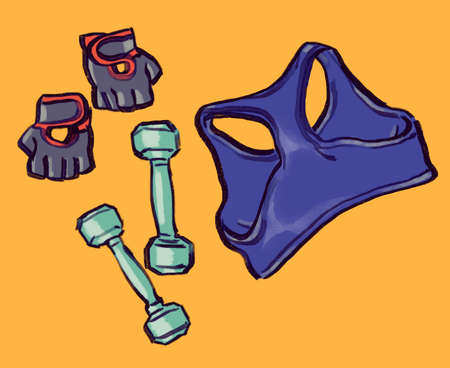 Organic hand drawn gym bag exercise essential with blue sports bra isolated on yellow background. Stock illustration.の写真素材