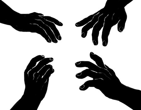 stylized illustration of ominous black hands silhouette reaching in circle trying to grab onto something isolated on white background art assetの写真素材