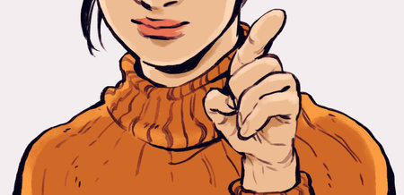 Stylized illustration of a black haired feminine figure wearing orange turtleneck sweater top pointing index finger up at the camera with her upper face out of view no backgroundの写真素材