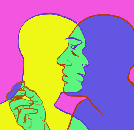 Stylized hand drawn illustration of bright yellow and blue androgynous person silhouette with heads and a hand overlapping as if to kiss each other on pink backgroundの写真素材