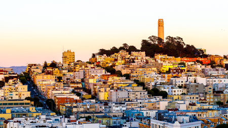Coit tower san francisco landscape at duskのeditorial素材