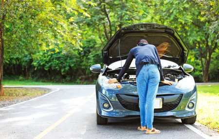 woman with a broken car and she open bonnet.
