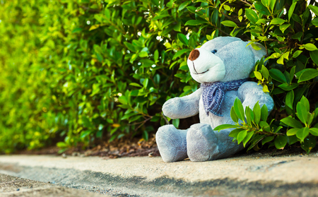 A doll is on the ground near the fence.の写真素材