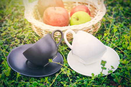 Two cup of coffee on grass near fruit basket.の写真素材