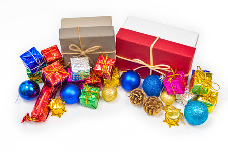 Close up of Cristmas present box with some colorful papper and toysの写真素材