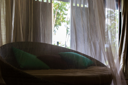 Pillow on the bed in the morning at hotel.の写真素材