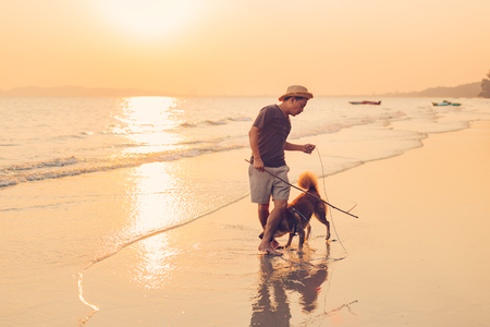 A man and a dog stand on the beach and sunset, sunrise.の写真素材