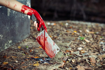 Woman holding knife with blood in the forest, halloween conceptの写真素材