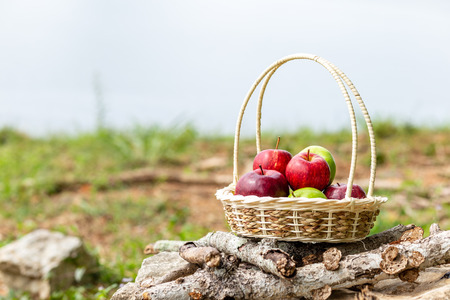 An apple in the basket on the stone.の写真素材