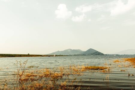 The dry grass in reservoir and mountain back.の写真素材