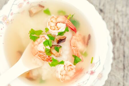Rice Soup With Shrimp food in breakfast at hotel restaurant.の写真素材