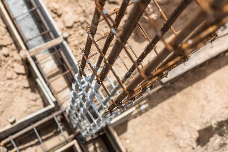 foundation post iron tie steel bar rebar building at constructionの写真素材