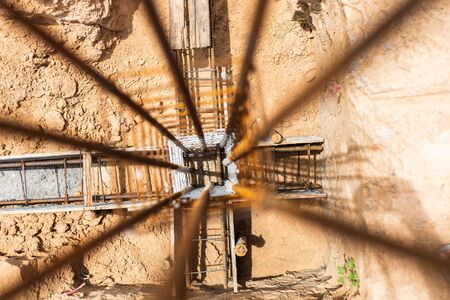 foundation post iron tie steel bar rebar building at constructionの写真素材