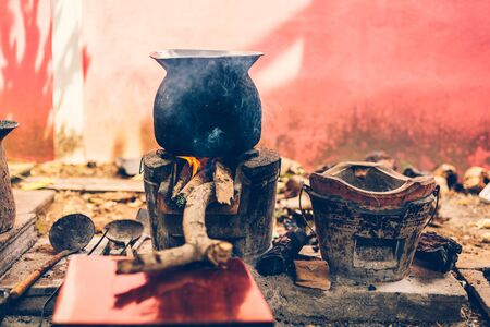 Thai style to make soft-boiled rice Charcoal to cook.の写真素材