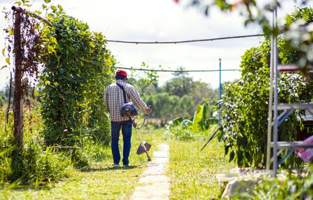 The worker of a garden cuts off a grass. The man in a uniform of the general worker works at a lawn.の写真素材