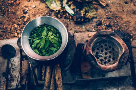 Cassia Tree,Thai Copper Podl in pot for boiling make food and aroma herb.の写真素材