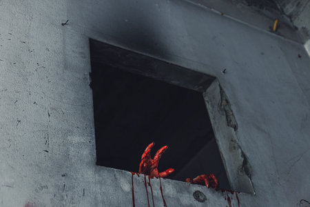 horror scene of woman with scary hand  at abandoned house. hand through the hole wall. Halloween...