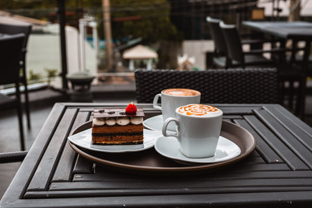 Slice of chocolate cake, Cutlery steak basket and donot with coffee on the table. 