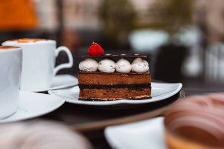 Chocolate cake with strawberry in dish. Dessert concept.の写真素材