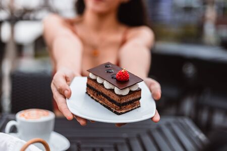 Chocolate cake with strawberry in dish. Dessert concept.の写真素材